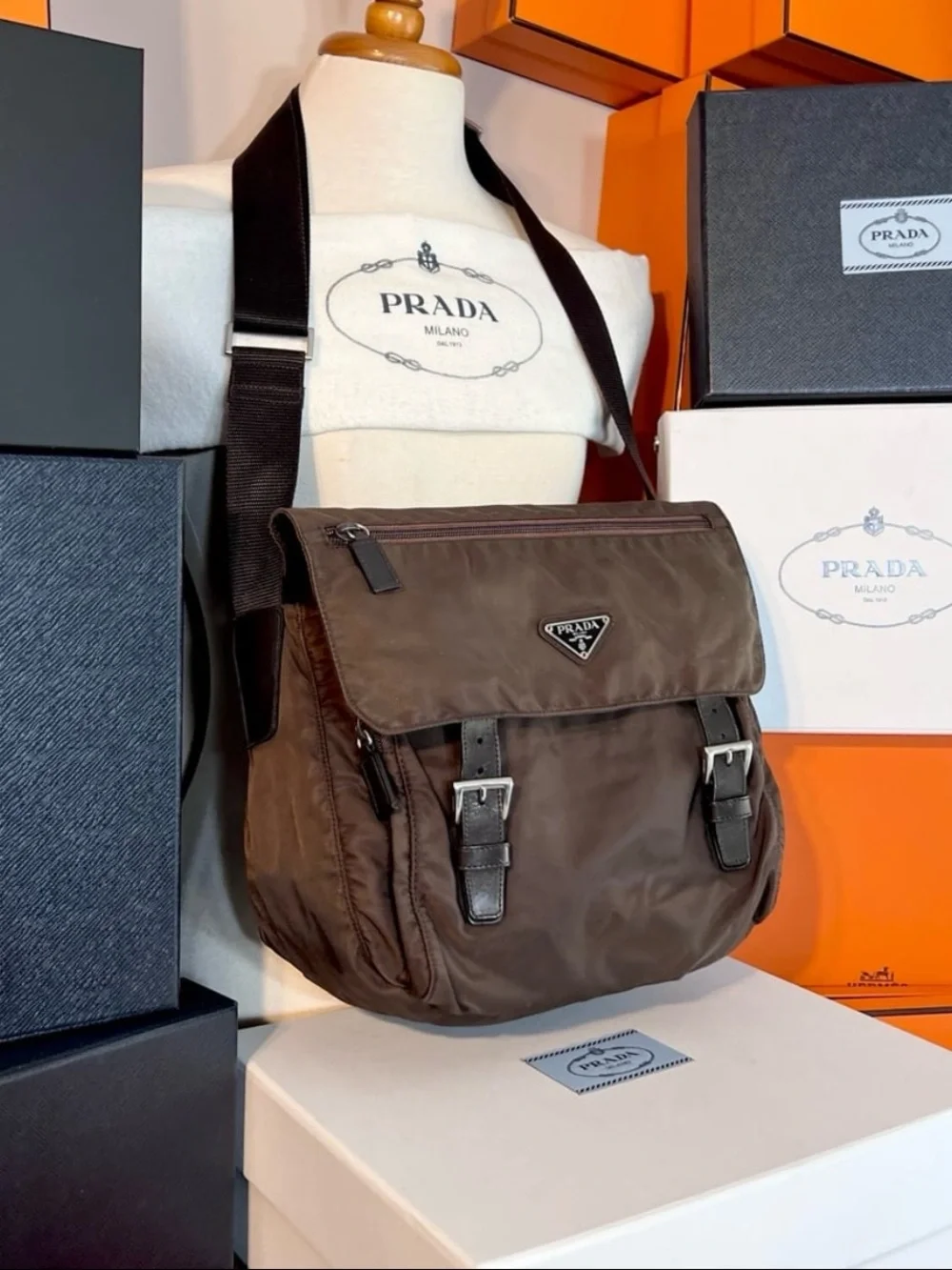 Prada Dark Brown Nylon Crossbody Messenger Bag
